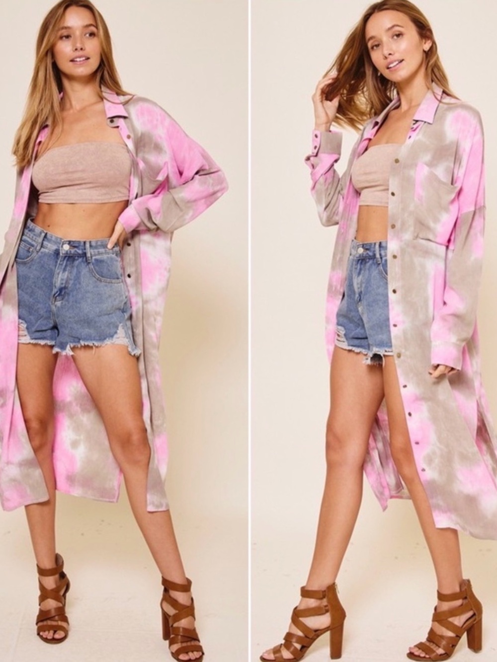 Tie-Dye Pink and Taupe Long Button-Front Shirt Dress
